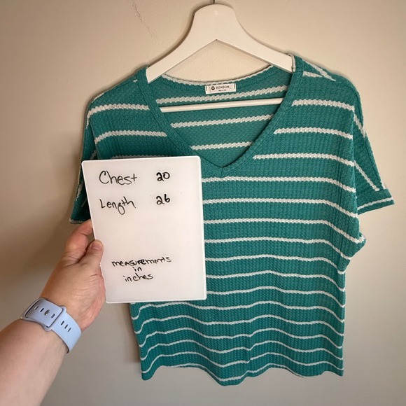 BomBom Teal Striped V Neck‎ Top Casual Short Sleeve Waffle Knit Relaxed Fit - Picture 3 of 5